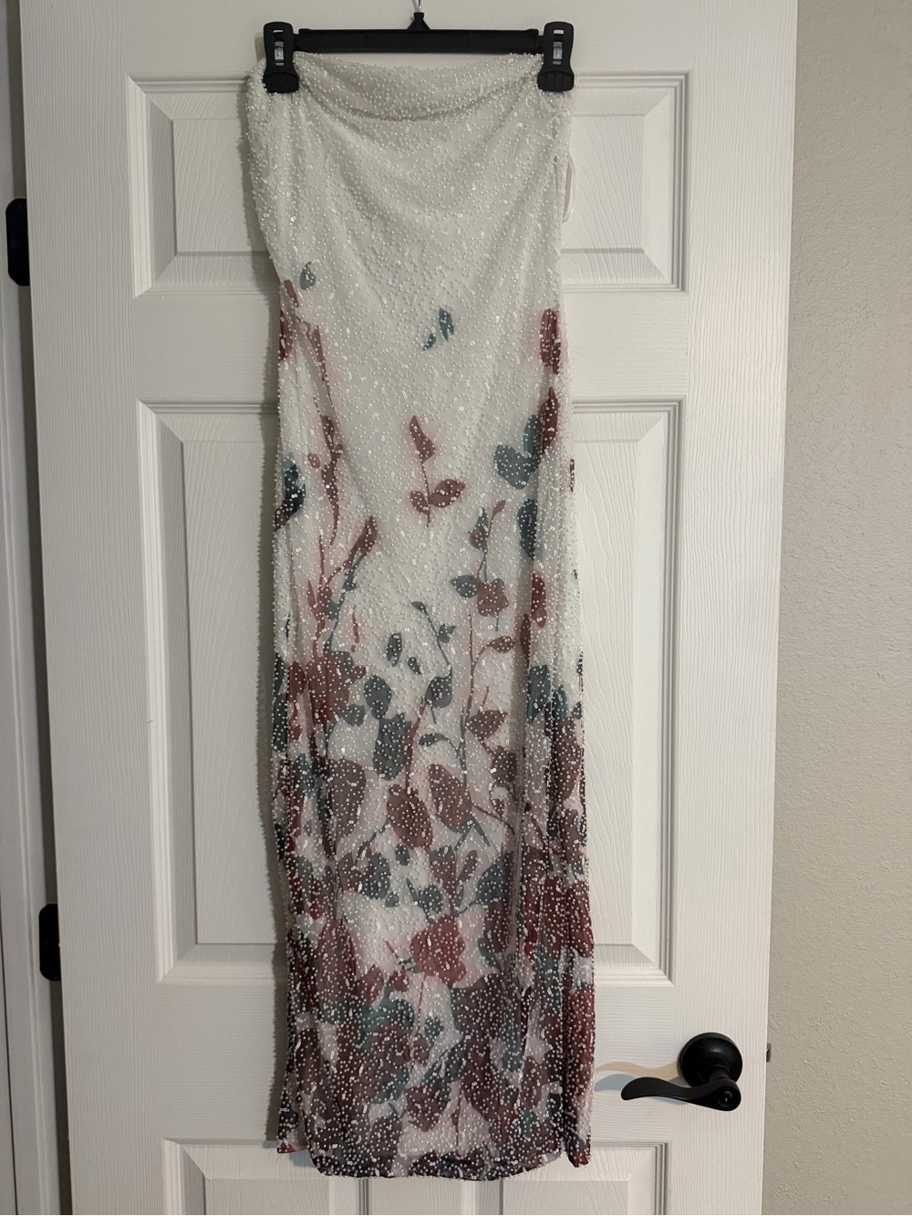 LVNES Beaded Sequined Floral Strapless Maxi Dress